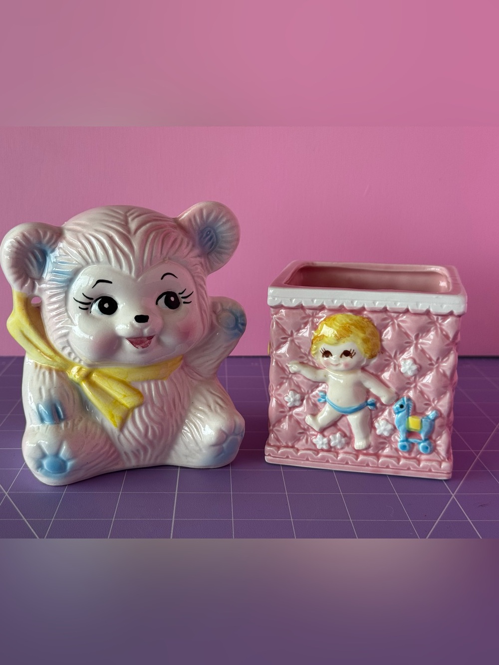 Vintage Mid-Century Anthropomorphic Ceramic Bear Baby Nursery Planters kitsch